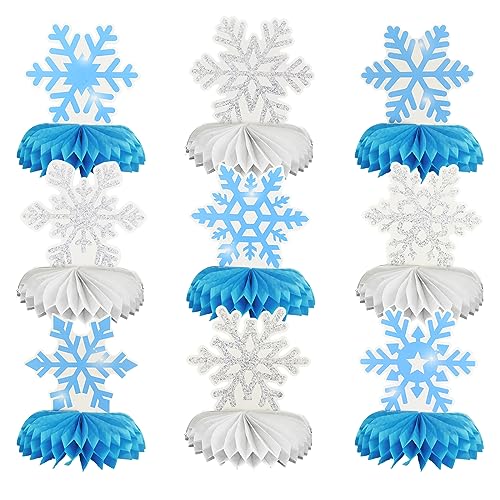 Bekecidi 9 Stück Schneeflocken Waben-Mittelstücke, Weiß Blau, Gefrorene Mittelstücke, Winter Party Tischdekorationen für Weihnachten, Urlaub, Winter, Geburtstag, Babyparty, Partyzubehör von Bekecidi