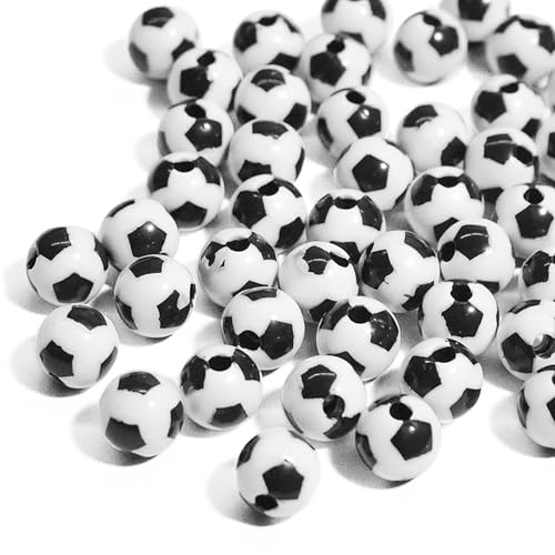 Bekecidi Acryl Fußball Perlen, 12 mm Kugel Perlen für Armbänder, Halsketten, Schmuck Runde Fußballperlen Bastelarbeiten, Sport Partyzubehör, 100 Stück (Weiß & Schwarz) von Bekecidi
