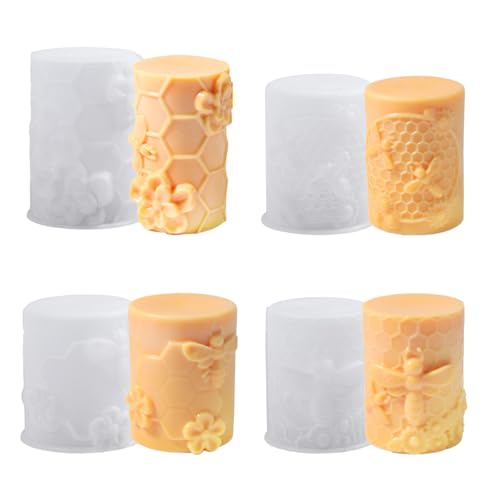 Bekecidi 4 Stück Bienenwaben Kerzenformen Silikon, Zylinder Kerzenform Silikonformen Gießformen Epoxidharz Formen Kerzen Formen Silikon Kerzenformen zum Gießen, 3D Kerzen, Seife, Gips, Wachs von Bekecidi