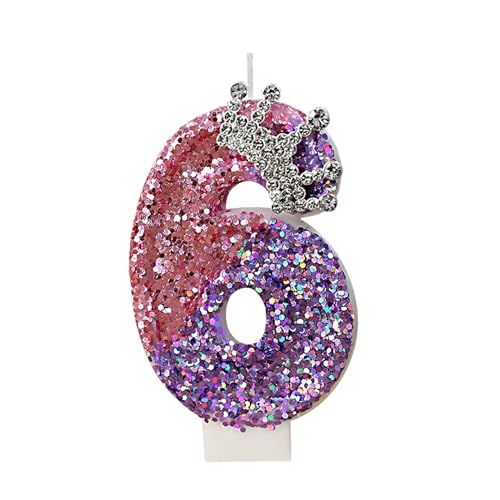 Bekecidi Birthday Cake Candle mit Funkelnde Rosa-lila Pailletten-Kronen-Geburtstags-Zahlenkerze, Premium-Zahlen-Kuchenkerze für Unvergessliche Feiern（Digitales Modell 6） von Bekecidi