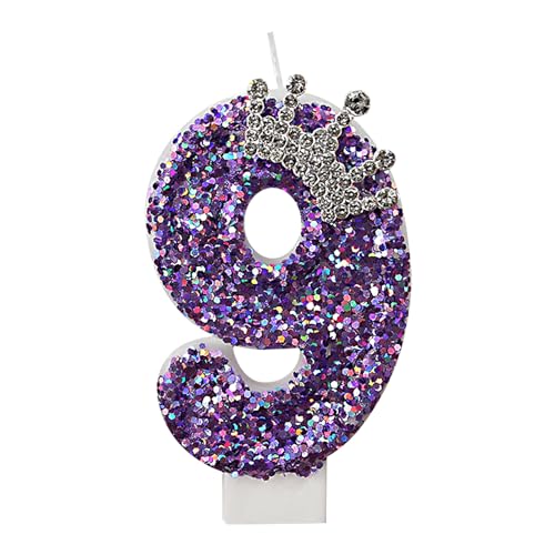 Bekecidi Birthday Cake Candle mit Purple Pailletten mit Crown -Geburtstagskandel, hoch -ausgrades lila digitale Kuchenkerze, geeignet für Jubiläumsfeieraktivitäten（Digitales Modell 9） von Bekecidi