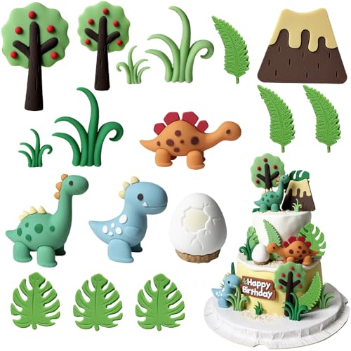 Bekecidi Dinosaurier-Kuchenaufsätze, Dinosaurier-Ei, Vulkanblätter, Baum-Kuchendekorationen, Happy Birthday-Kuchenaufsatz für Jungen und Mädchen, Babyparty, Geburtstagsparty-Dekorationen, 17 Stück von Bekecidi