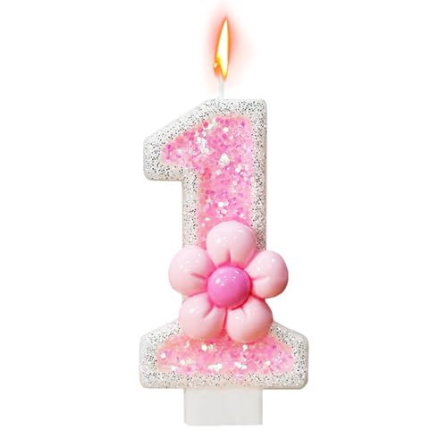 Bekecidi Geburtstag Zahlen 1 Kerzen, Rosa Blume Kuchen Topper mit Pailletten, Einzigartige 1. Geburtstag Dekorationen für Mädchen Kinder, Zahlenkuchenkerze für Geburtstagsfeier, Jubiläumsfeiern von Bekecidi