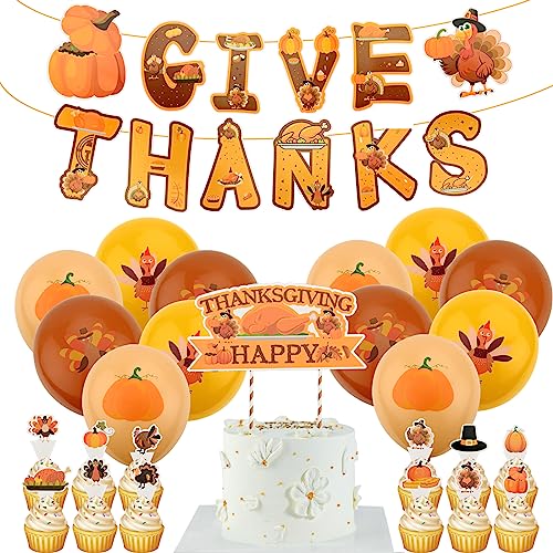 Bekecidi Thanksgiving Day Party Ornament Set, 1 Give Thanks Banner, 1 Großer Kuchenaufsatz, 12 Kuchenaufsätze und 15 Türkei Latexballons für Thanksgiving Party Dekorationszubehör von Bekecidi