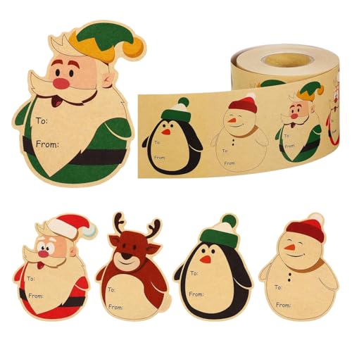 Bekecidi Weihnachts Etiketten Aufkleber, Beschreibbare Weihnachts-Namensschilder in 4 Designs, Selbstklebendes Kraftpapier Weihnachts Geschenkanhänger Weihnachts Etiketten für Geschenkboxen (A) von Bekecidi