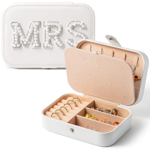 Belanttega MRS Reise-Schmuckschatulle für Braut, tragbar, kleiner Schmuck-Organizer, Reisezubehör für Frauen, Brautparty, Geschenk, Verlobungsgeschenk, Weiß von Belanttega