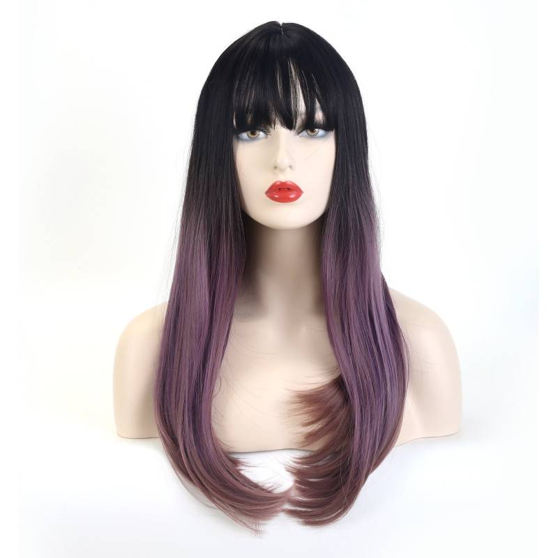 Natürliche Lange Gerade Schwarze Wurzel Ombre Lila Perücke Mit Pony von Belezahair