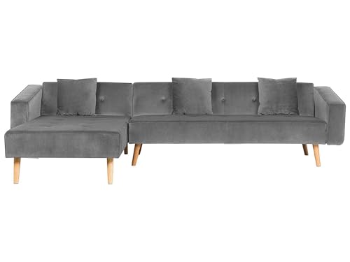Beliani Ecksofa rechtsseitig Retro Stil Samtstoff grau mit Zierkissen Vadso Beliani Ecksofa rechtsseitig Retro Stil Samtstoff grau mit Zierkissen Vadso von Beliani