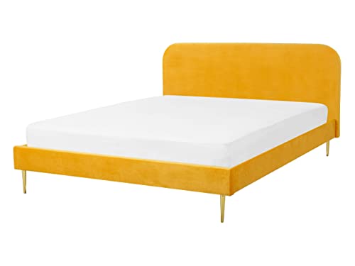 Polsterbett Samtstoff gelb mit Lattenrost 140 x 200 cm Metallfüße gold Flayat Polsterbett Samtstoff gelb mit Lattenrost 140 x 200 cm Metallfüße gold Flayat von Beliani