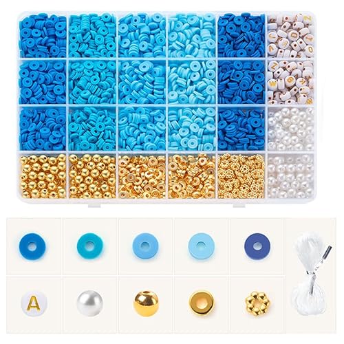 Set zur Herstellung von Armbändern aus blauem Ton – Schmuckset mit 24 Rastern mit 5 Schattierungen von blauen Polymer-Ton-Perlen, goldenen Abstandshalter-Perlen, Kunstperlen, Alphabet-Perlen und Set zur Herstellung von Armbändern aus blauem Ton – Schmuckset mit 24 Rastern mit 5 Schattierungen von blauen Polymer-Ton-Perlen, goldenen Abstandshalter-Perlen, Kunstperlen, Alphabet-Perlen und von Believo