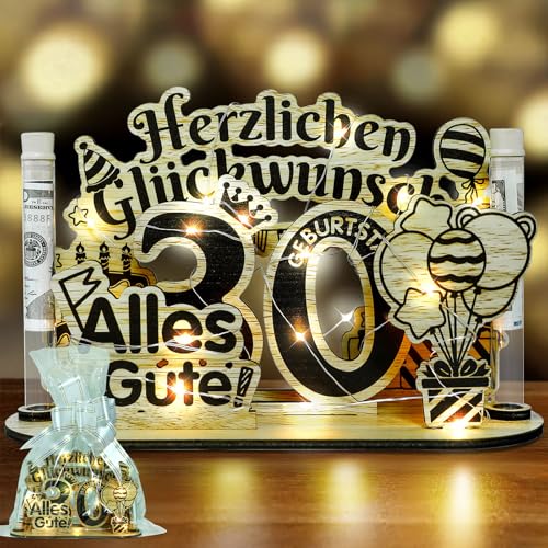 Belillpipi 30. Geburtstag Deko Holz Set – Geburtstagsdeko aus Holz mit LED Lichterkette, Geldgeschenke Geburtstag Alles Gute Schild für Frauen & Männer – Geschenkidee zum 30 Geburtstag von Belillpipi