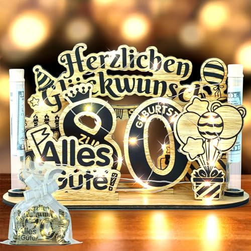 Belillpipi 80. Geburtstag Deko Holz Set – Geburtstagsdeko aus Holz mit LED Lichterkette, Geldgeschenke Geburtstag Alles Gute Schild für Frauen & Männer – Geschenkidee zum 80 Geburtstag von Belillpipi