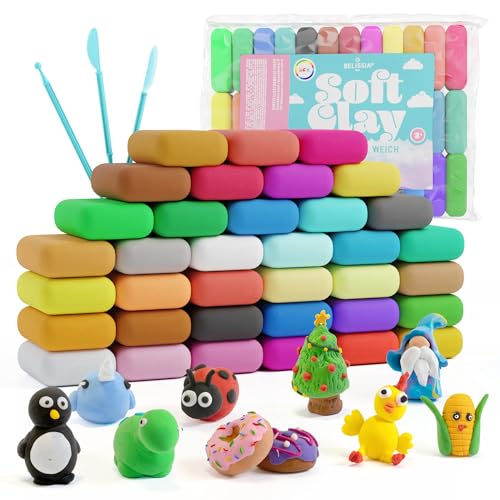 Belissia Kids Soft Clay Spiel Ton | 36 Farben á 10 Gramm | weiche, dehnbare Modelliermasse | lufttrocknend - inkl. Werkzeuge | für Schleim, Knete, Cosplay und Modellierarbeiten von Belissia