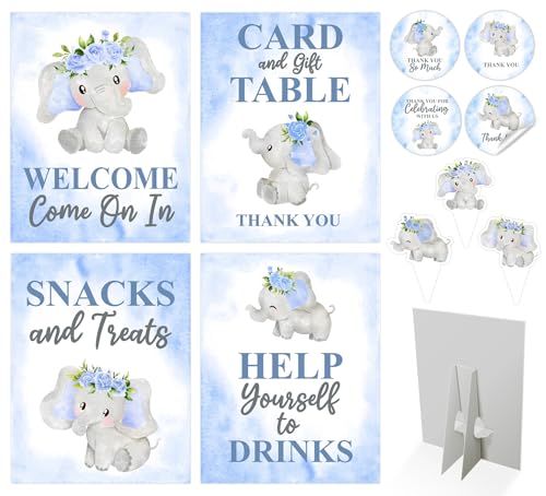 80 Stück blaue Elefanten-Babyparty-Dekorationen für Jungen – 4 Tischaufsätze Willkommensschild, 36 Elefanten-Cupcake-Topper, 40 Dankesaufkleber von Bella and Bentley Novelty