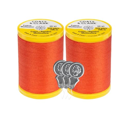 Coats & Clark Baumwoll-Allzweck-Nähgarn, 100 % merzerisierte Baumwolle, 225 Meter pro Spule, S970, 2er-Pack Bündel mit 3 Bella's Crafts Nadeleinfädlern (Tango) von Bella's Crafts