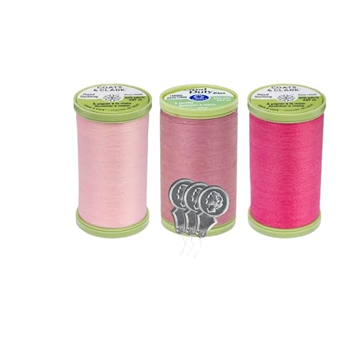 Coats & Clark Handstepp-Nähgarn, Baumwolle überzogen, Polyester, 300 m, S960, 3er-Pack Bündel mit 3 Bella's Crafts Nadeleinfädlern (Rosa, Mandelrosa, Hot Pink) von Bella's Crafts
