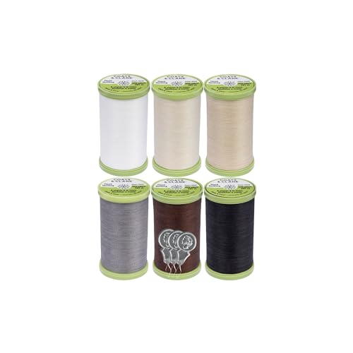 Coats & Clark Handstepp-Nähgarn, Baumwolle überzogen, Polyester, 300 m, S960, 6er-Pack, Bündel mit 3 Bella's Crafts Nadeleinfädlern (Weiß, Natur, Ecru, Chona, Braun, Schiefer, Schwarz) von Bella's Crafts