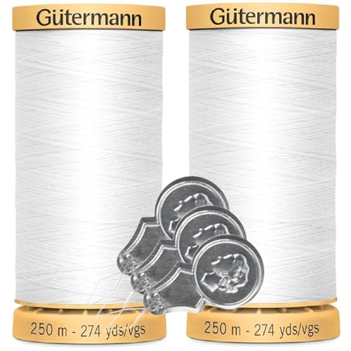 Gütermann Natürliches Baumwollgarn, 50 W (je 250 m), 2er-Pack mit 3 Bella's Crafts Nadeleinfädlern (1006 Weiß) von Bella's Crafts