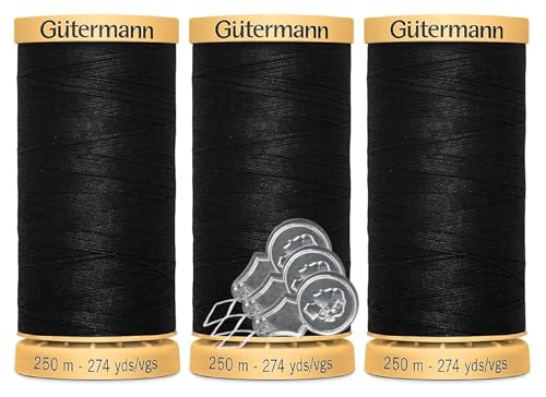 Gütermann Natürliches Baumwollgarn, 50 W (je 250 m), 3er-Pack Bündel mit 3 Bella's Crafts Nadeleinfädlern (1001 Schwarz) von Bella's Crafts