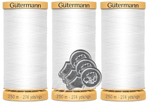 Gütermann Natürliches Baumwollgarn, 50 W (je 250 m), 3er-Pack Bündel mit 3 Bella's Crafts Nadeleinfädlern (1006 Weiß) von Bella's Crafts