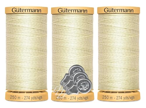 Gütermann Natürliches Baumwollgarn, 50 W (je 250 m), 3er-Pack Bündel mit 3 Bella's Crafts Nadeleinfädlern (1040 Elfenbein) von Bella's Crafts