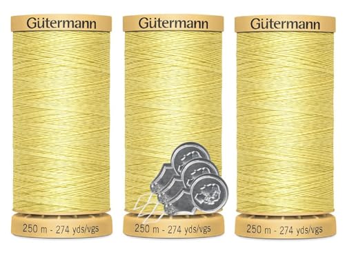Gütermann Natürliches Baumwollgarn, 50 W (je 250 m), 3er-Pack Bündel mit 3 Bella's Crafts Nadeleinfädlern (1370 Hellgelb) von Bella's Crafts