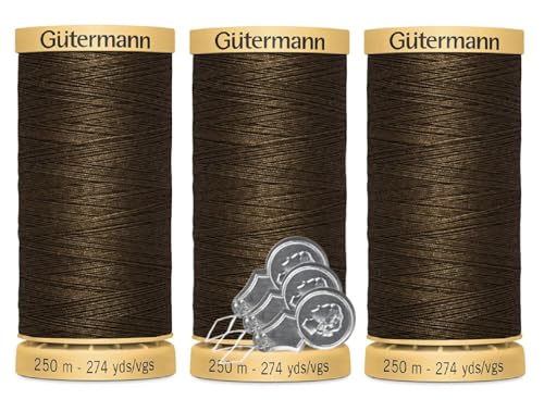 Gütermann Natürliches Baumwollgarn, 50 W (je 250 m), 3er-Pack Bündel mit 3 Bella's Crafts Nadeleinfädlern (2960 Dunkelbraun) von Bella's Crafts