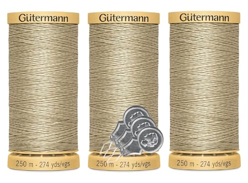 Gütermann Natürliches Baumwollgarn, 50 W (je 250 m), 3er-Pack Bündel mit 3 Bella's Crafts Nadeleinfädlern (3260 Stiefelbraun) von Bella's Crafts