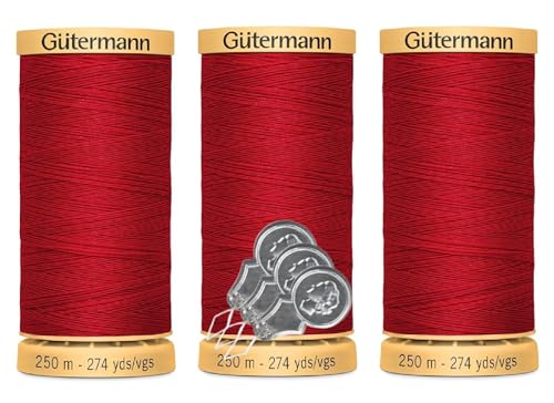 Gütermann Natürliches Baumwollgarn, 50 W (je 250 m), 3er-Pack Bündel mit 3 Bella's Crafts Nadeleinfädlern (4880 Rot) von Bella's Crafts