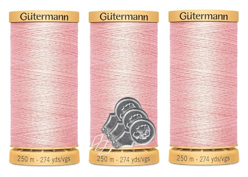 Gütermann Natürliches Baumwollgarn, 50 W (je 250 m), 3er-Pack Bündel mit 3 Bella's Crafts Nadeleinfädlern (5090 Pink) von Bella's Crafts