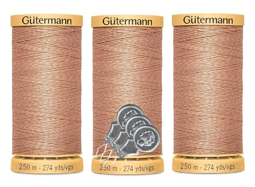 Gütermann Natürliches Baumwollgarn, 50 W (je 250 m), 3er-Pack Bündel mit 3 Bella's Crafts Nadeleinfädlern (5500 Altrosa) von Bella's Crafts