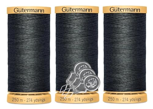 Gütermann Natürliches Baumwollgarn, 50 W (je 250 m), 3er-Pack Bündel mit 3 Bella's Crafts Nadeleinfädlern (9430 Grau) von Bella's Crafts