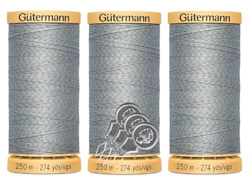 Gütermann Natürliches Baumwollgarn, 50 W (je 250 m), 3er-Pack mit 3 Bella's Crafts Nadeleinfädlern (9240 Schiefer) von Bella's Crafts