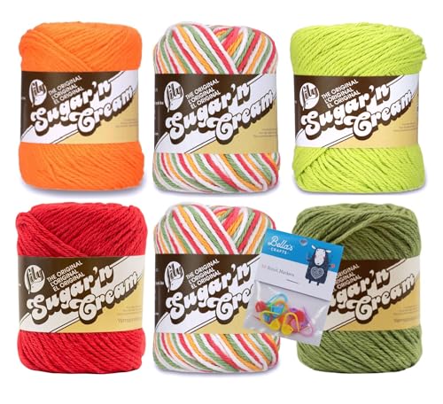 Lily Sugar'n Cream, 100% Baumwollgarn, 6er-Pack mit Bella's Crafts Maschenmarkierern (Mango Madness Mix) von Bella's Crafts