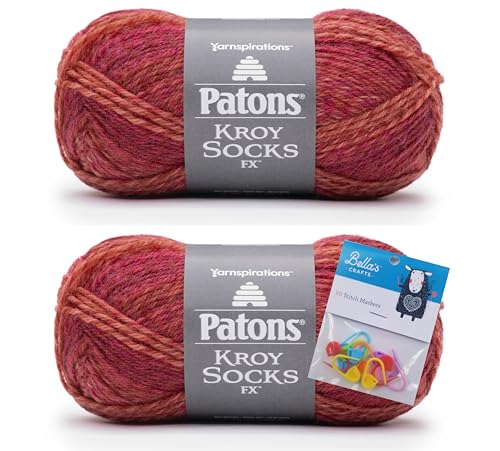 Patons Kroy Socks FX-Garn, 2er-Pack, Bündel mit Bella's Crafts Maschenmarkierern, Geranienfarben von Bella's Crafts