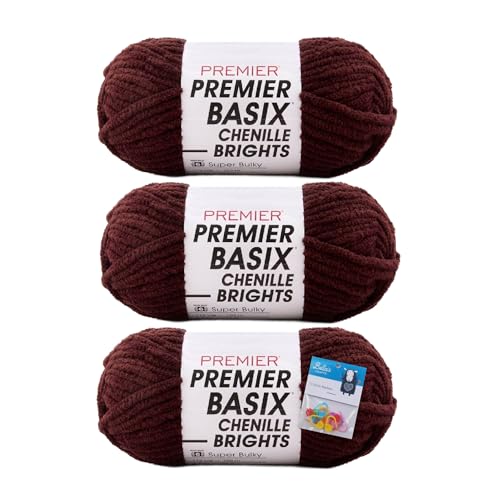 Premier Yarns Basix Chenille Brights Garn, Solids, 150 g, Multis 150 g, je Knäuel, 6 super sperrig, grob, 3er-Pack Bündel mit Bella's Crafts Maschenmarkierern, Schokoladenbraun von Bella's Crafts