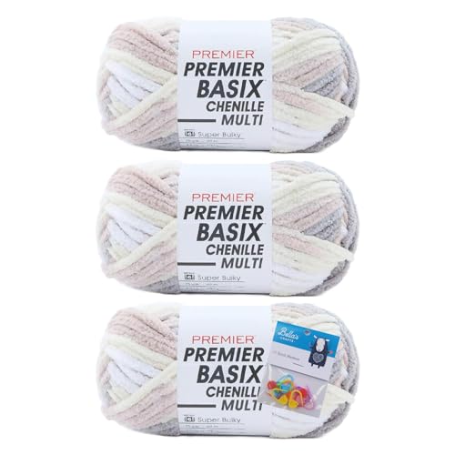 Premier Yarns Basix Chenille Brights Garn, Solids, 150 g, Multis 150 g, je Knäuel, 6 supersperrige dicke Stoffe, 3er-Pack Bündel mit Bella's Crafts Maschenmarkierern (Toasted Marshmallow) von Bella's Crafts