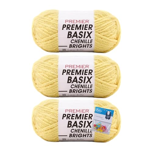 Premier Yarns Basix Chenille Brights Garn, Solids, 150 g, Multis pro Knäuel, 6 super sperrig, grob, 3er-Pack Bündel mit Bella's Crafts Maschenmarkierern (Banane) von Bella's Crafts