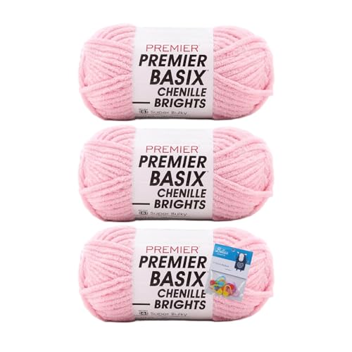 Premier Yarns Basix Chenille Brights Garn, Solids, 150 g, Multis pro Knäuel, 6 super sperrig, grob, 3er-Pack Bündel mit Bella's Crafts Maschenmarkierern (Cotton Candy) von Bella's Crafts