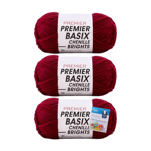 Premier Yarns Basix Chenille Brights Garn, Solids, 150 g, Multis pro Knäuel, 6 super sperrig, grob, 3er-Pack Bündel mit Bella's Crafts Maschenmarkierern (Cranberry) von Bella's Crafts
