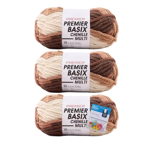 Premier Yarns Basix Chenille Brights Garn, Solids, 150 g, Multis pro Knäuel, 6 super sperrig, grob, 3er-Pack Bündel mit Bella's Crafts Maschenmarkierern (Cuddles) von Bella's Crafts