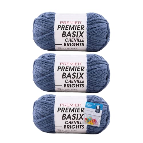 Premier Yarns Basix Chenille Brights Garn, Solids, 150 g, Multis pro Knäuel, 6 super sperrig, grob, 3er-Pack Bündel mit Bella's Crafts Maschenmarkierern (Denim) von Bella's Crafts