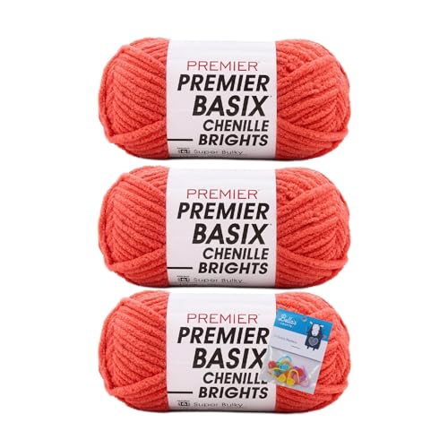 Premier Yarns Basix Chenille Brights Garn, Solids, 150 g, Multis pro Knäuel, 6 super sperrig, grob, 3er-Pack Bündel mit Bella's Crafts Maschenmarkierern (Hot Coral) von Bella's Crafts