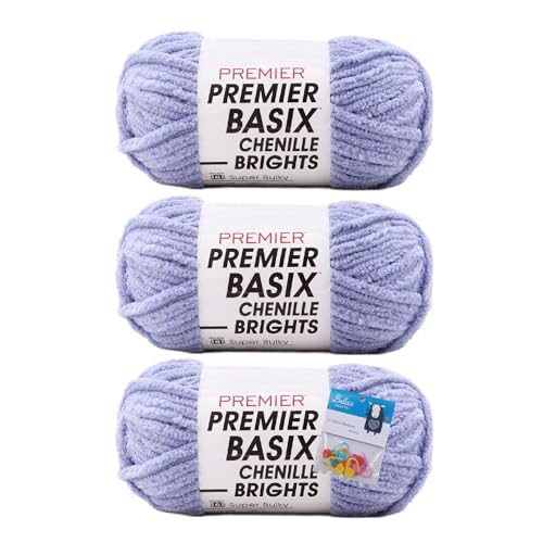 Premier Yarns Basix Chenille Brights Garn, Solids, 150 g, Multis pro Knäuel, 6 super sperrig, grob, 3er-Pack Bündel mit Bella's Crafts Maschenmarkierern (Immergrün) von Bella's Crafts