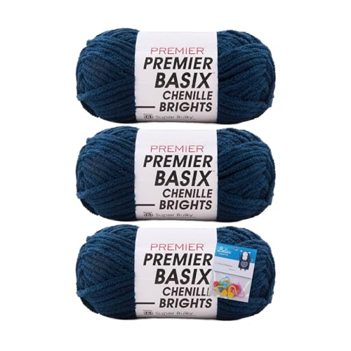 Premier Yarns Basix Chenille Brights Garn, Solids, 150 g, Multis pro Knäuel, 6 super sperrig, grob, 3er-Pack Bündel mit Bella's Crafts Maschenmarkierern (Midnight) von Bella's Crafts