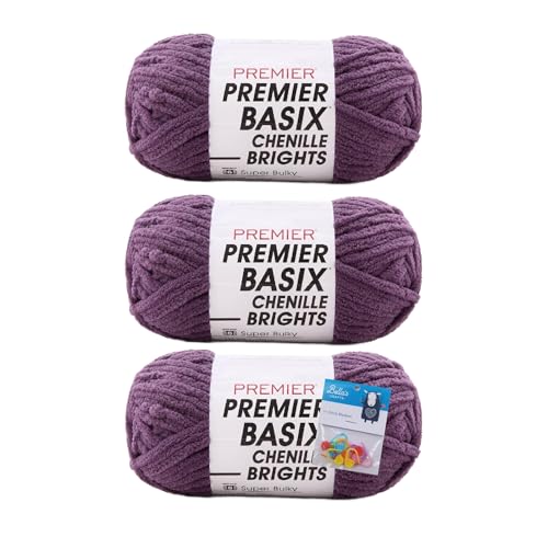 Premier Yarns Basix Chenille Brights Garn, Solids, 150 g, Multis pro Knäuel, 6 super sperrig, grob, 3er-Pack Bündel mit Bella's Crafts Maschenmarkierern (Mulberry) von Bella's Crafts