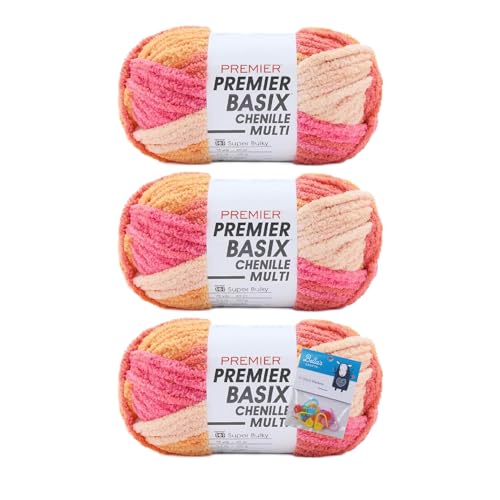Premier Yarns Basix Chenille Brights Garn, Solids, 150 g, Multis pro Knäuel, 6 super sperrig, grob, 3er-Pack Bündel mit Bella's Crafts Maschenmarkierern (Pink Lemonade) von Bella's Crafts