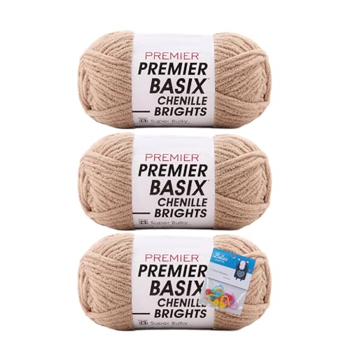 Premier Yarns Basix Chenille Brights Garn, Solids, 150 g, Multis pro Knäuel, 6 super sperrig, grob, 3er-Pack Bündel mit Bella's Crafts Maschenmarkierern (Steel Cut Oats) von Bella's Crafts