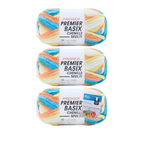 Premier Yarns Basix Chenille Brights Garn, Solids, 150 g, Multis pro Knäuel, 6 super sperrig, grob, 3er-Pack Bündel mit Bella's Crafts Maschenmarkierern (Strandball) von Bella's Crafts