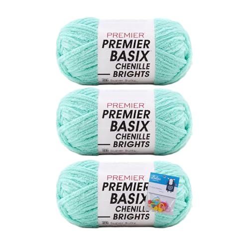 Premier Yarns Basix Chenille Brights Garn, Solids, 150 g, Multis pro Knäuel, 6 super sperrig, grob, 3er-Pack mit Bella's Crafts Maschenmarkierern, Minzgrün von Bella's Crafts